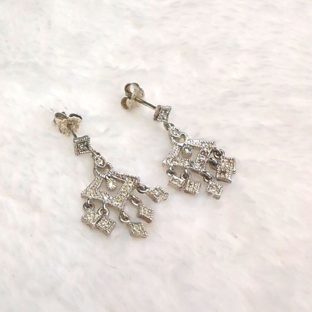 Vintage Sterling Silver and CZ Stone Drop Pierced Earrings - Picture 4 of 8
